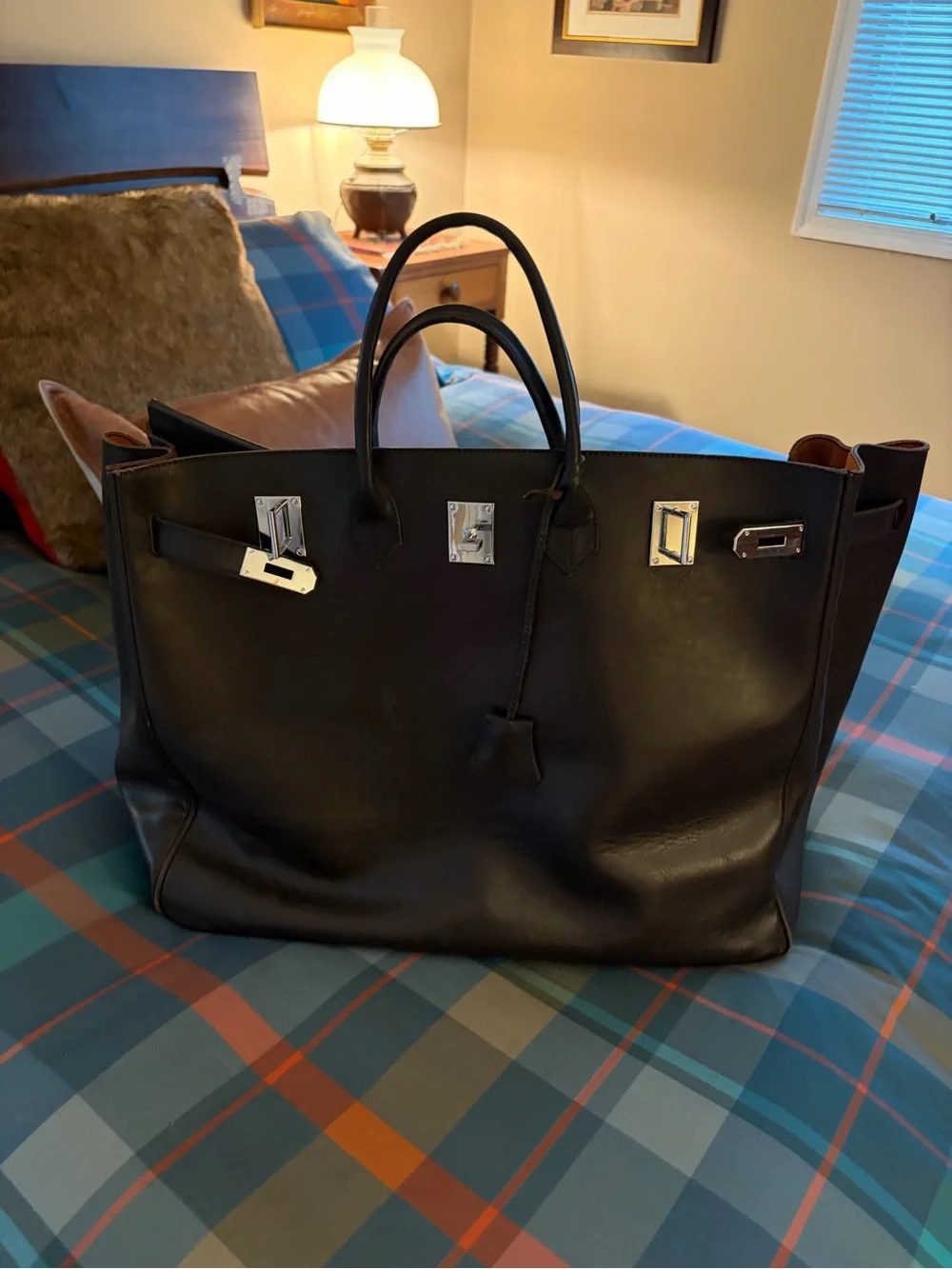 Brown Leather Tote Bag with Silver Hardware